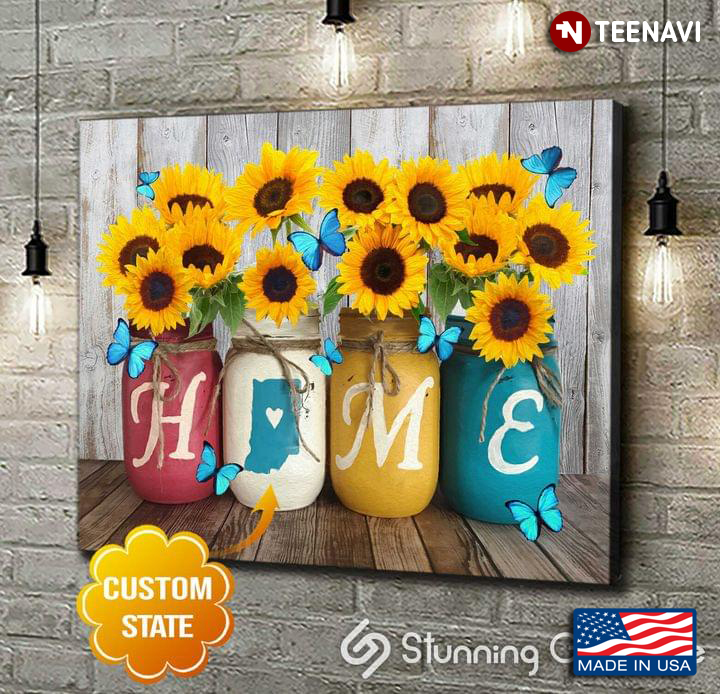 Vintage Customized State Blue Butterflies Flying Sunflowers Home