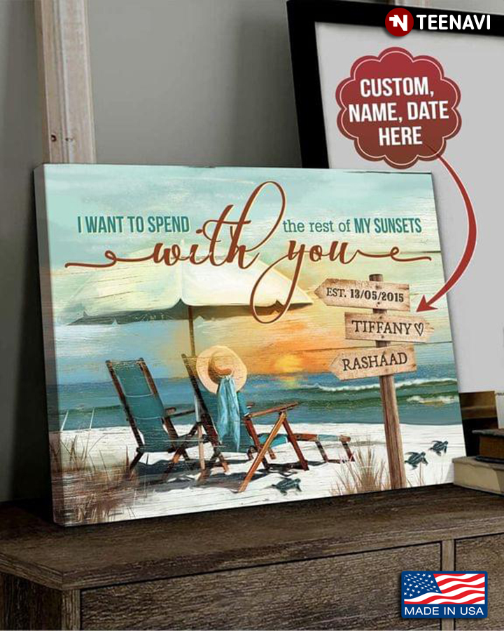 Vintage Customized Name & Date Sea Turtles & Wooden Chairs On Sandy Beach I Want To Spend The Rest Of My Sunsets With You