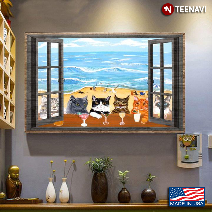 Vintage Window Frame With 6 Breeds Of Cats Enjoying Cocktails On Beach