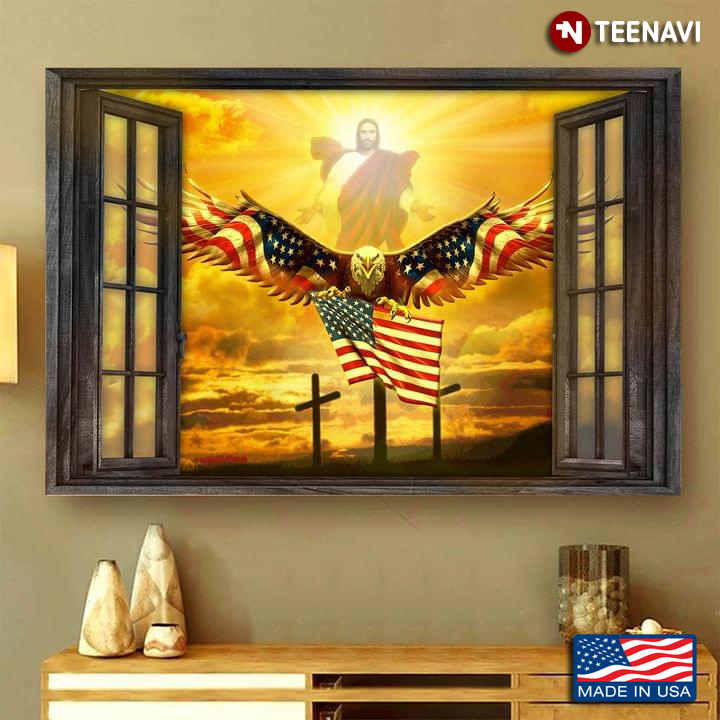 Vintage Window Frame With Jesus Christ And Eagle Holding American Flag