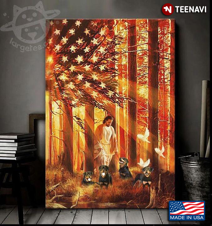 Vintage Jesus Christ With Rottweiler Dogs, Doves & American Flag In The Forest Under The Sunlight