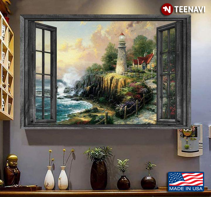 Vintage Window Frame With Beautiful View Of The Sea And Lighthouse