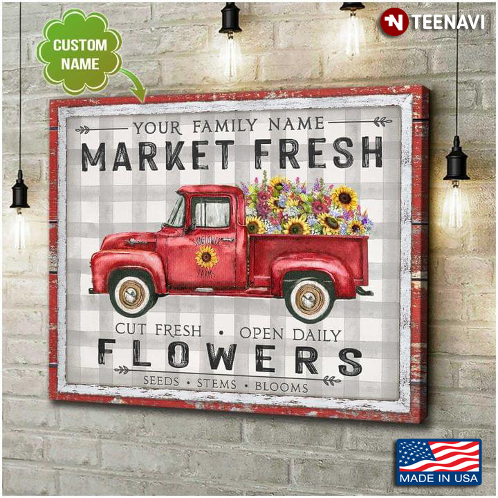 Vintage Customized Family Name Market Fresh Red Truck Carrying Flowers Cut Fresh Open Daily Flowers Seeds Stems Blooms