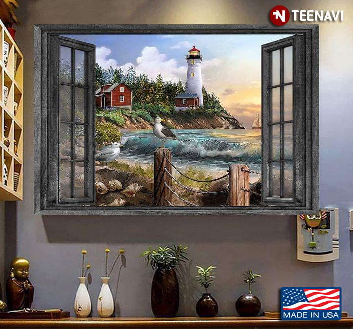 Vintage Window Frame With Seascape Scenery View With Lighthouse And Birds