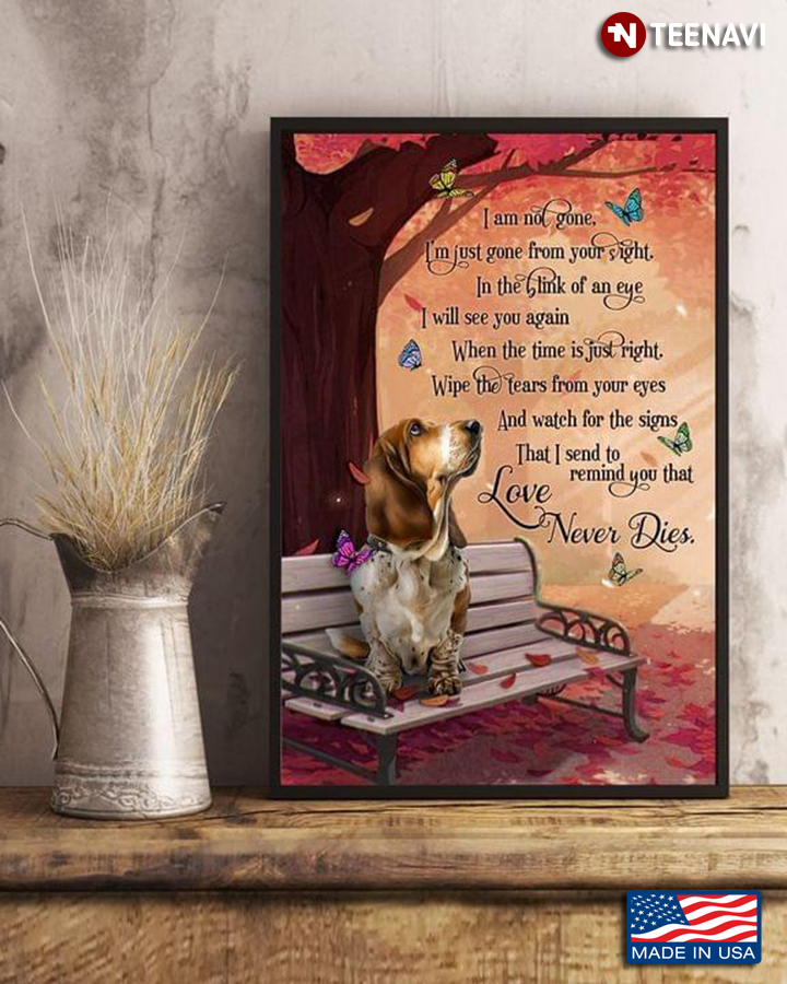Vintage Butterflies Flying Around Basset Hound Sitting On Bench I Am Not Gone, I'm Just Gone From Your Sight