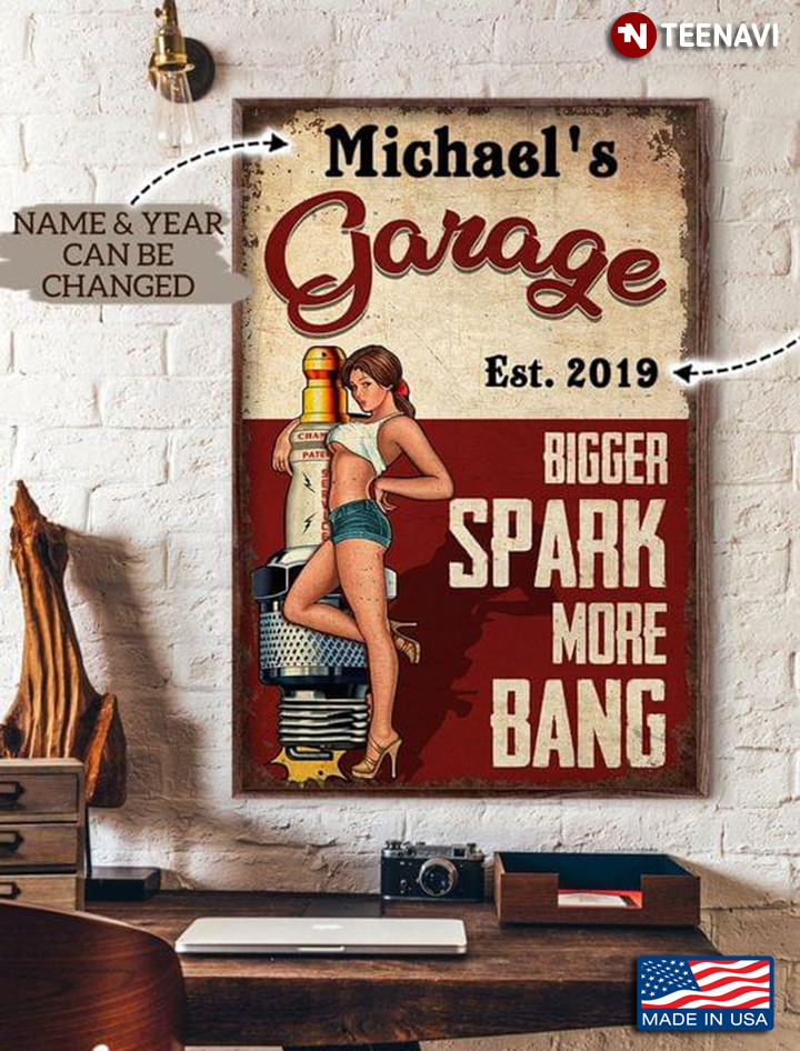 Vintage Customized Name & Year Garage Sexy Girl Bigger Spark More Bang