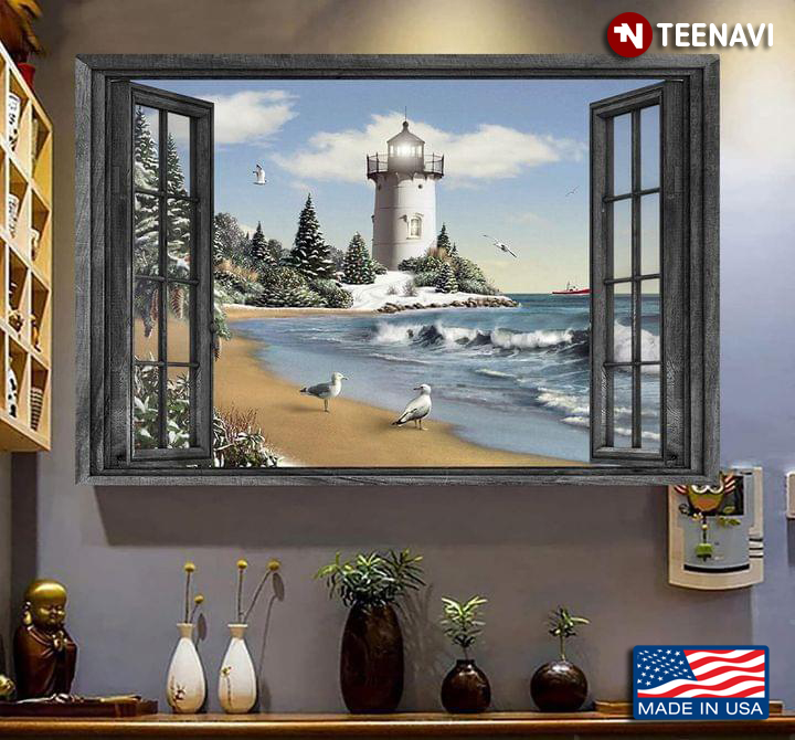 Vintage Window Frame With Lighthouse And Birds In Snow