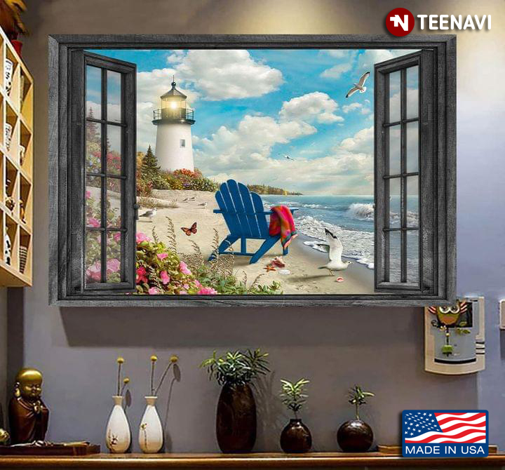Vintage Window Frame With Seascape Scenery View With Lighthouse, Blue Wooden Chair And Birds