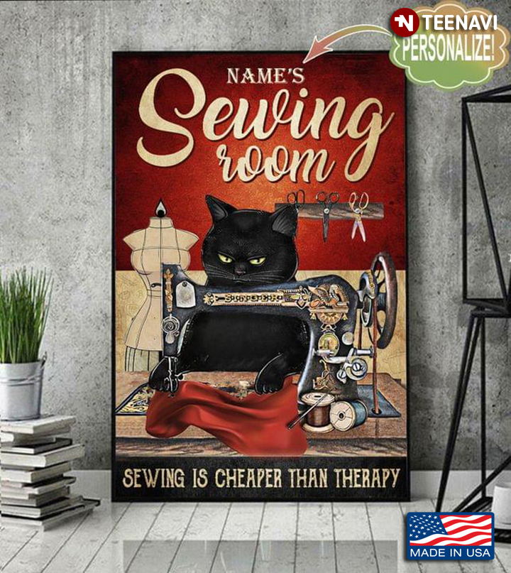 Vintage Customized Name Black Cat Sewing Room Sewing Is Cheaper Than Therapy