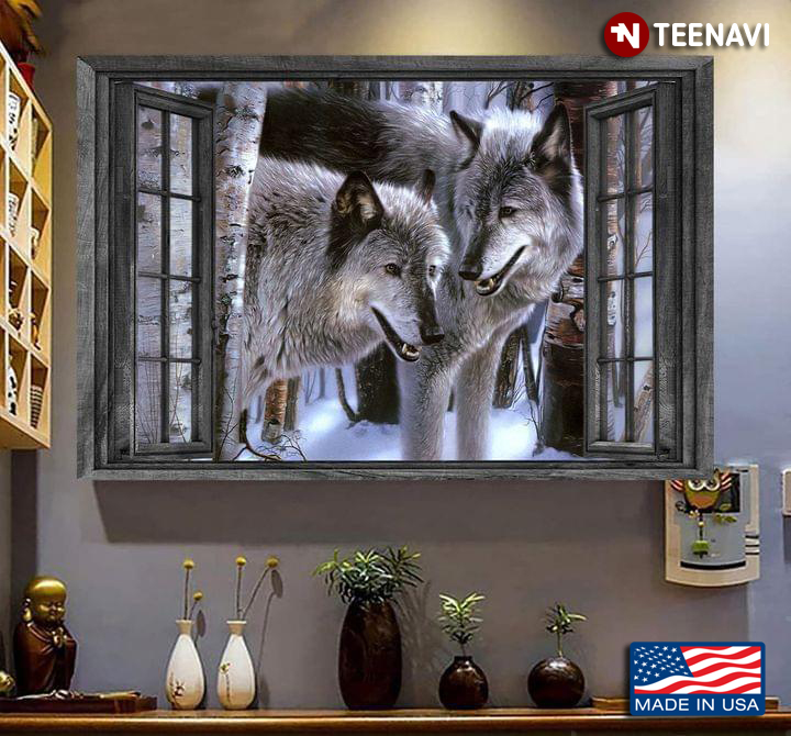 Vintage Window Frame With Two Wolves In Snow Forest