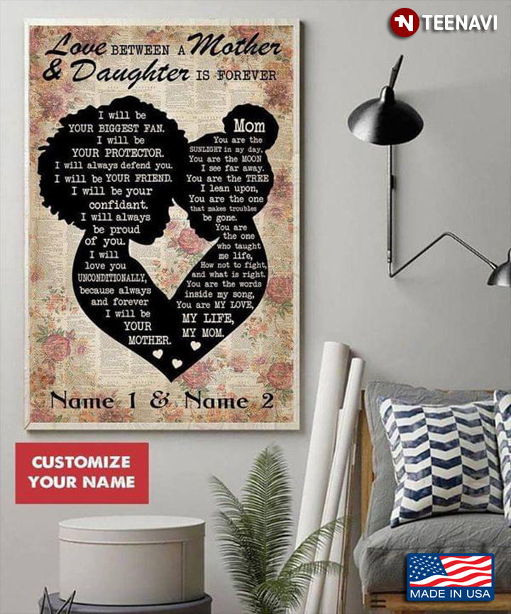 Book Page Theme Customized Name Floral Mother & Daughter Silhouette Love Between A Mother & Daughter Is Forever