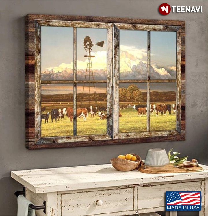 Vintage Window Frame With Herd Of Cows On Farm