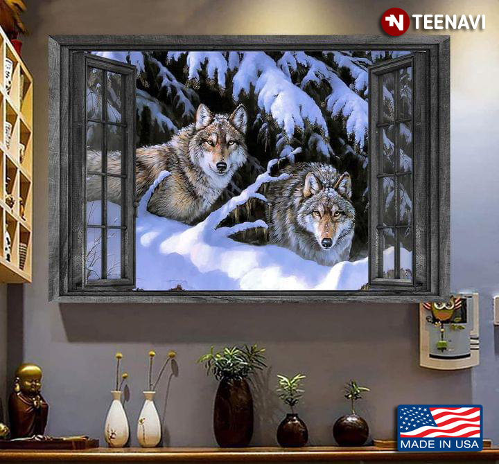 Vintage Window Frame With Two Wolves In The Snow-covered Forest