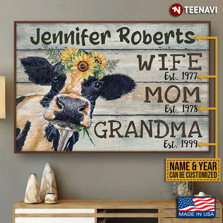 Vintage Customized Name & Year Cow With Floral Crown Wife Mom Grandma
