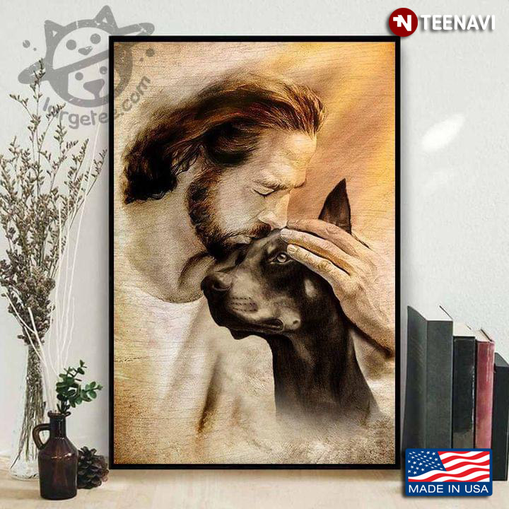 Vintage Jesus Christ Kissing Dobermann Pinscher Dog