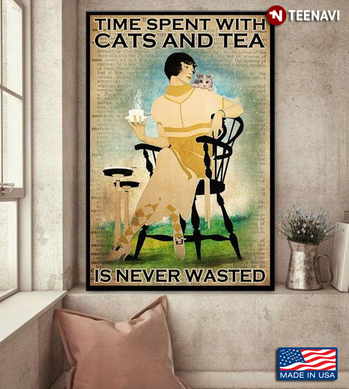 Vintage Book Page Theme Girl With Cute Kitten Time Spent With Cats And Tea Is Never Wasted