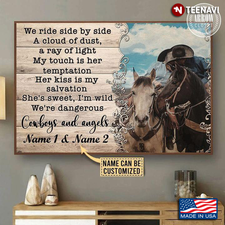 Vintage Customized Name Cowboys And Angels Lyrics Couple Riding Horses Kissing