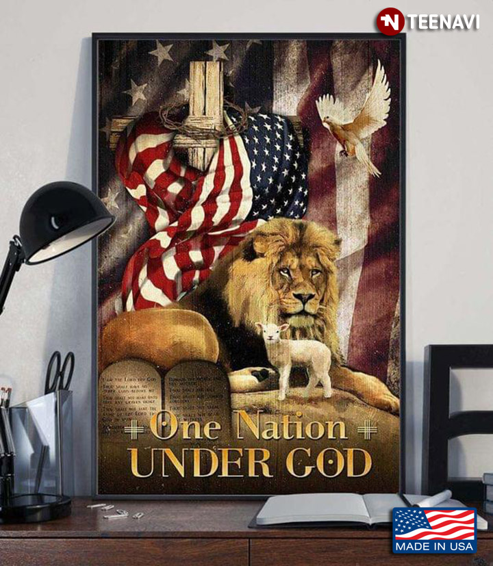 Vintage Jesus Cross Draped With American Flag & Dove, Lion, Lamb Around One Nation Under God