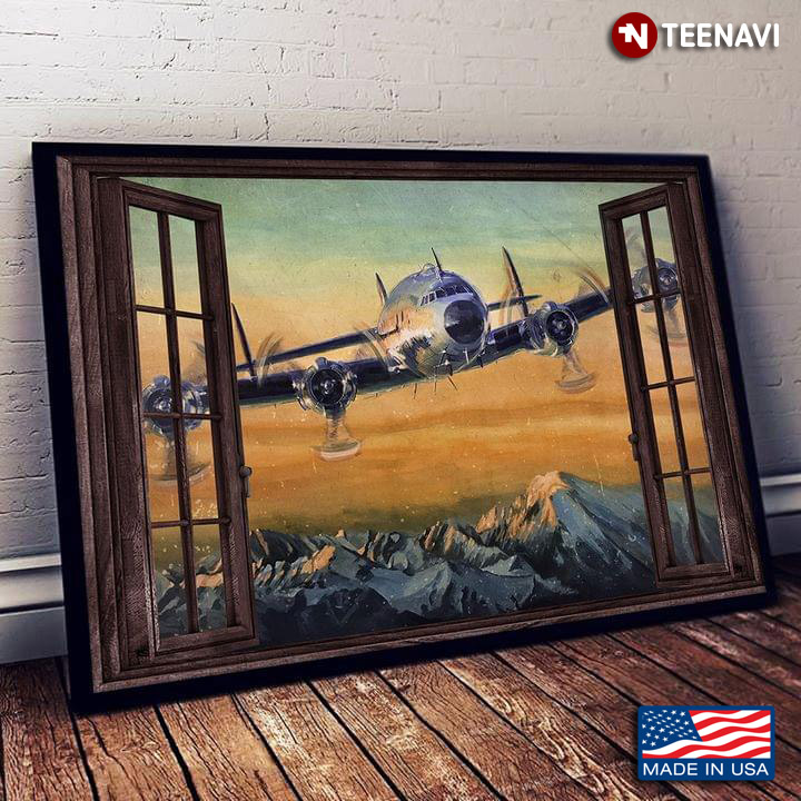 Vintage Window Frame With Four-engine Propeller Airplane
