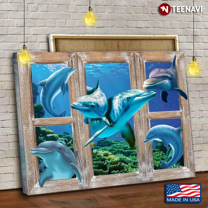 Vintage Window Frame With Dolphins Swimming In The Ocean