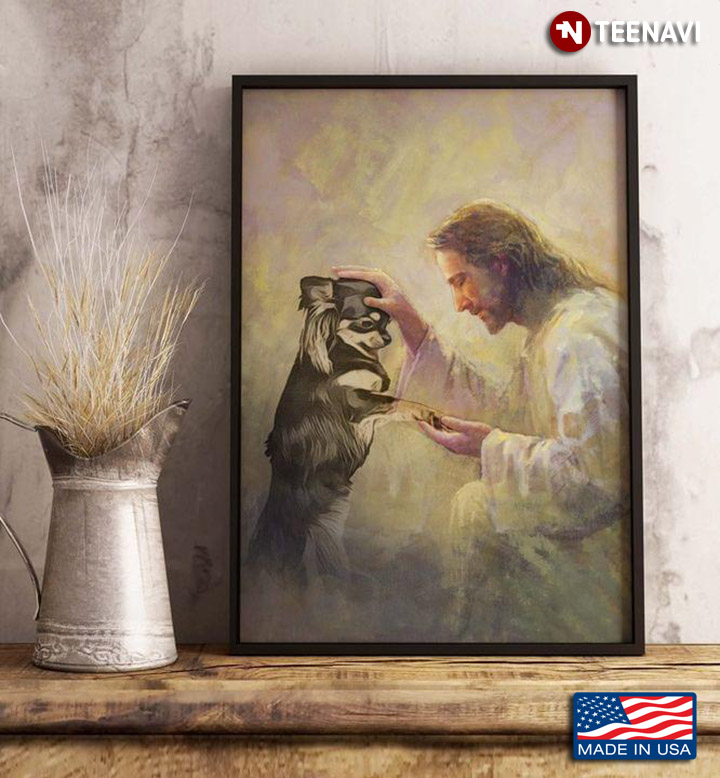 Vintage Jesus Chirst Patting Long Haired Chihuahua's Head And Holding His Paw