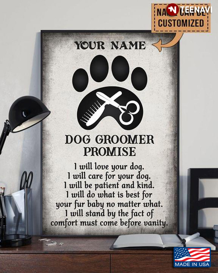 Customized Name Black & White Theme Dog Paw Silhouette With Dog Grooming Tools Inside Dog Groomer Promise