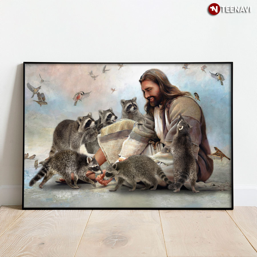 Vintage Smiling Jesus Christ Playing With Raccoons And Birds Flying Around Poster