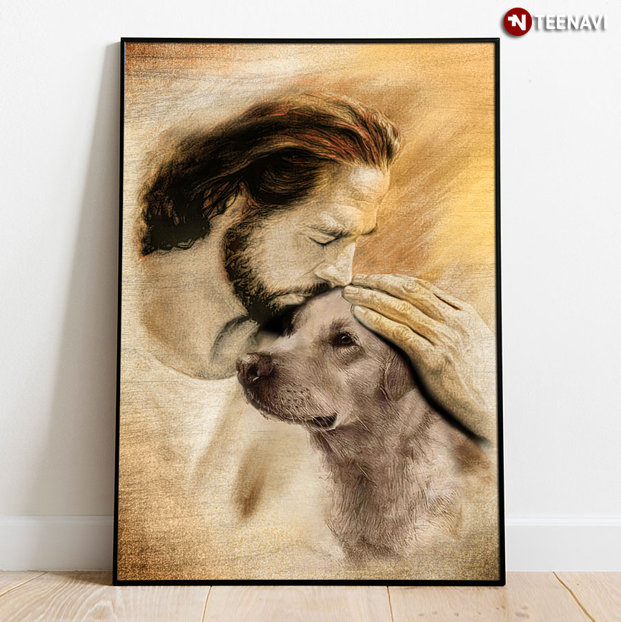 Vintage Jesus Christ Kissing Labrador Retriever Dog Poster