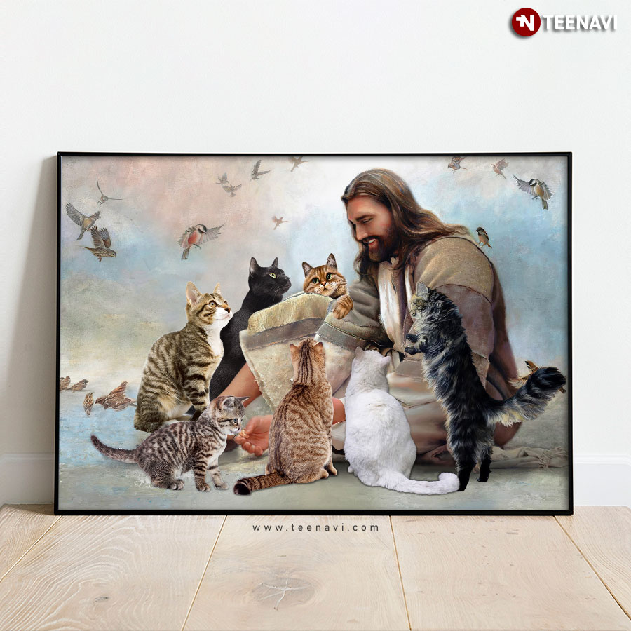 Vintage Smiling Jesus Christ Playing With Cats And Birds Flying Around Poster