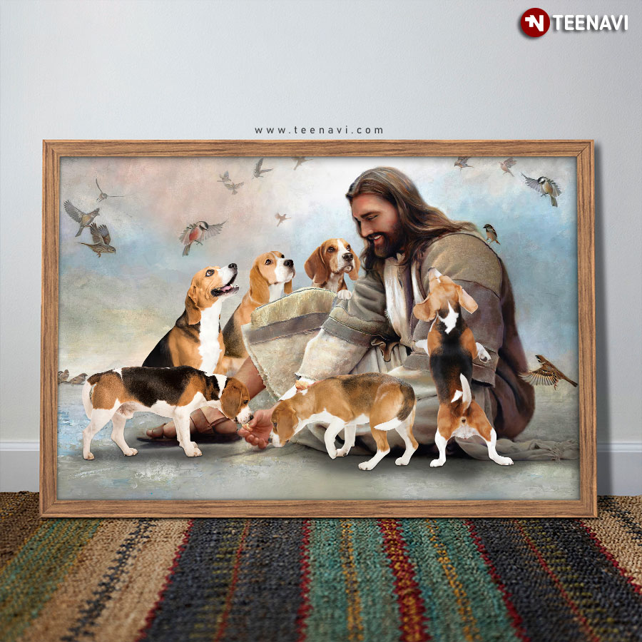 Vintage Smiling Jesus Christ Playing With Beagle Dogs And Birds Flying Around Poster