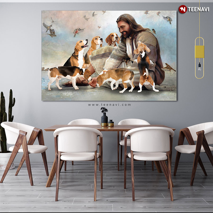 Vintage Smiling Jesus Christ Playing With Beagle Dogs And Birds Flying Around Poster