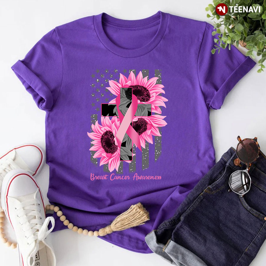 Breast Cancer Awareness Sunflowers American Flag T-Shirt
