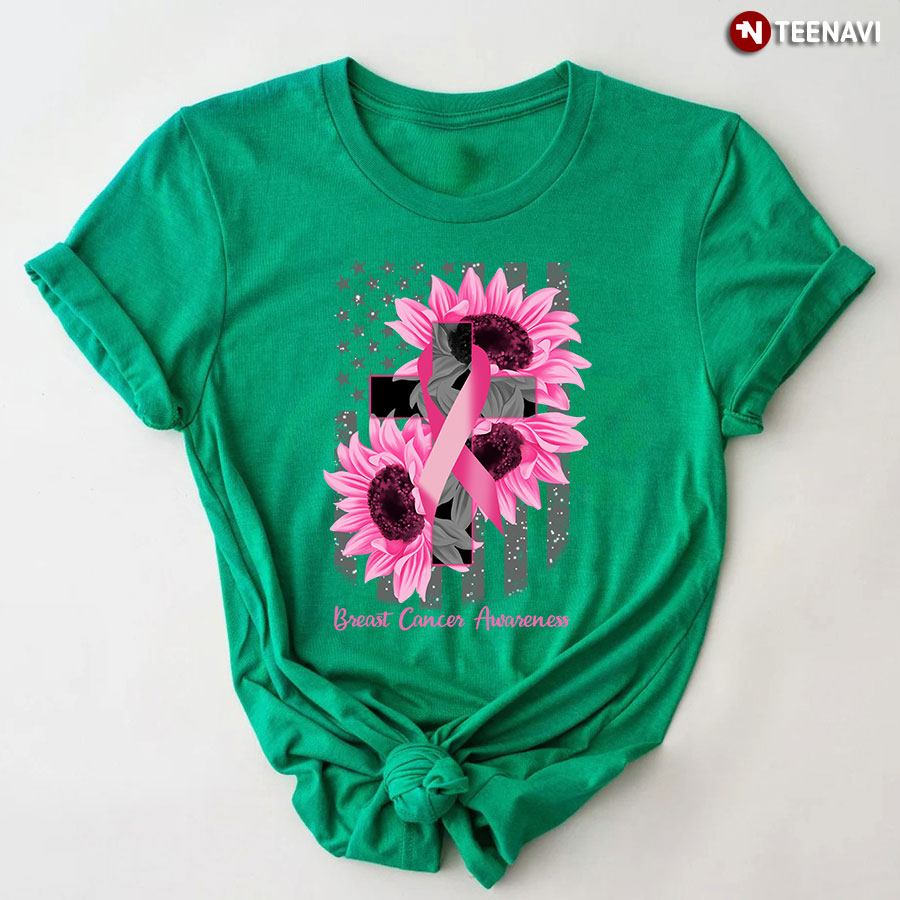 Breast Cancer Awareness Sunflowers American Flag T-Shirt