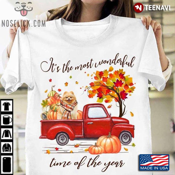 It's The Most Wonderful Time of The Years Red Car Autumn Leaves Pumpkin and Samoyed