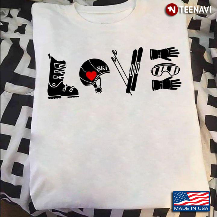 Love Silhouette Skiing Equipment and Red Heart for Skiing Lover