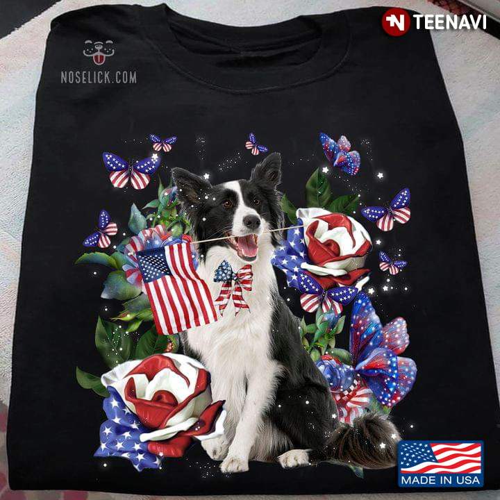 Border Collie Puppy American Roses and Butterflies Happy Independence Day for Dog Lover