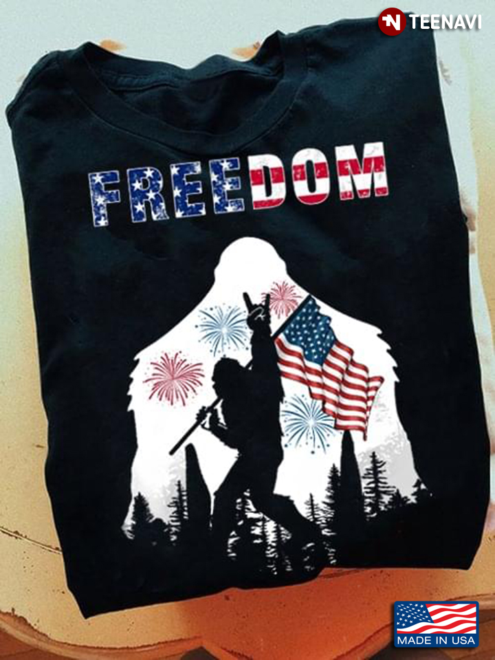 Freedom Bigfoot Rocking in The Forest American Flag 4th of July