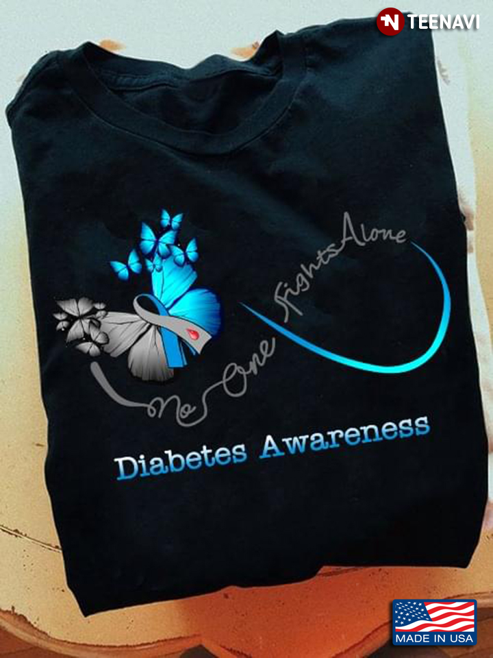 No One Fights Alone Diabetes Awareness Grey and Blue Ribbon Butterfly