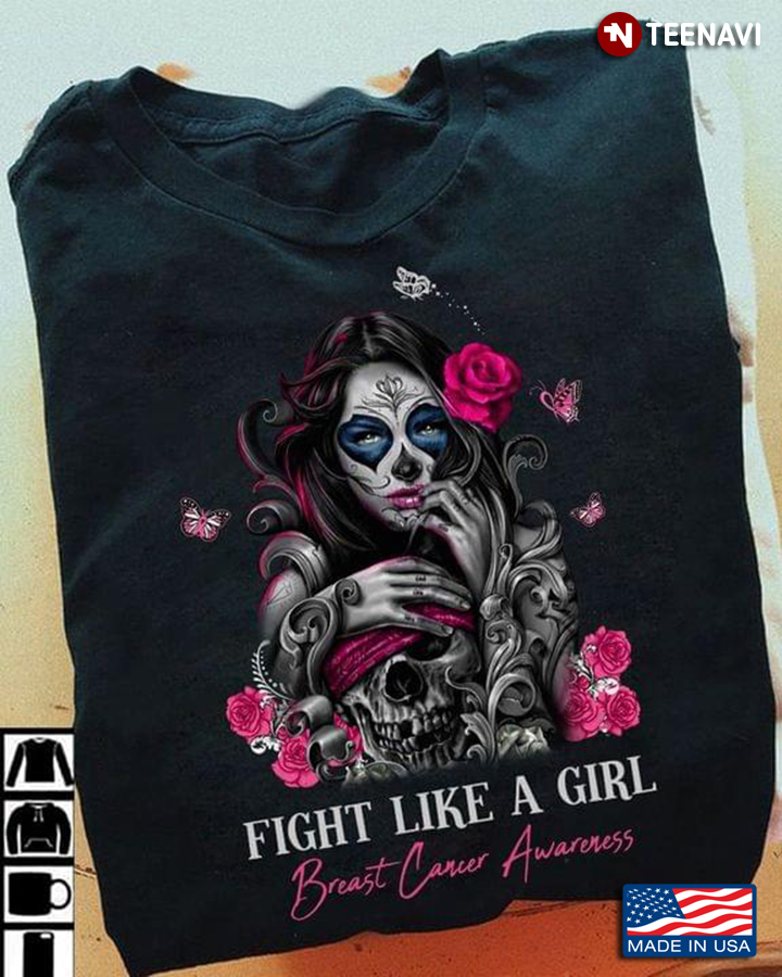 Fight Like A Girl Breast Cancer Awareness Girl and Skull Pink Floral Design