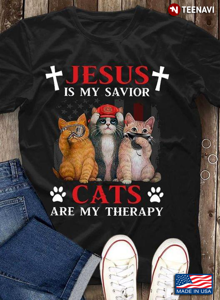 Jesus Is My Savior Cats Are My Therapy USA Flag for Cat Lover