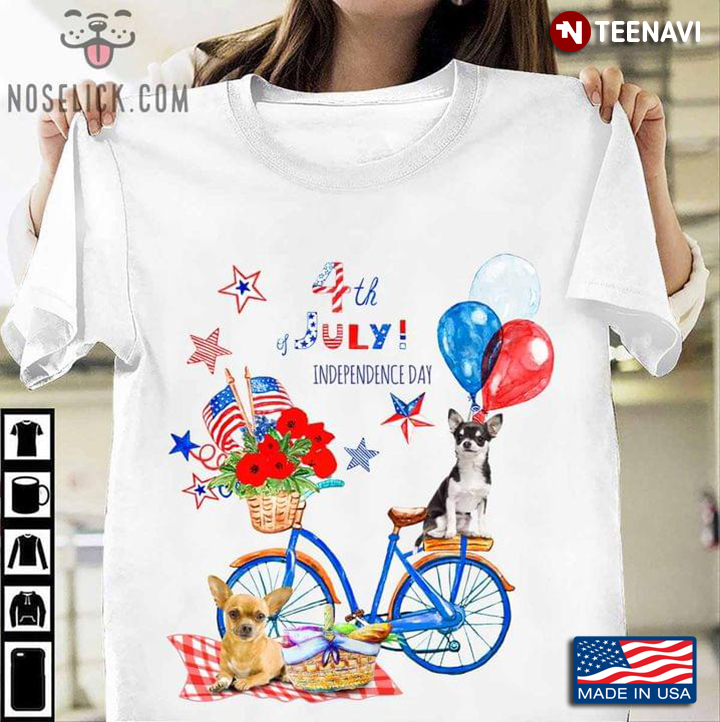 4th of July Independence Day Chihuahua Puppies By The Bicycle with Flag Flowers and Balloons