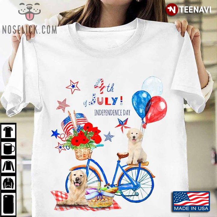4th of July Independence Day Golden Retriever Puppies By The Bicycle with Flag Flowers and Balloons