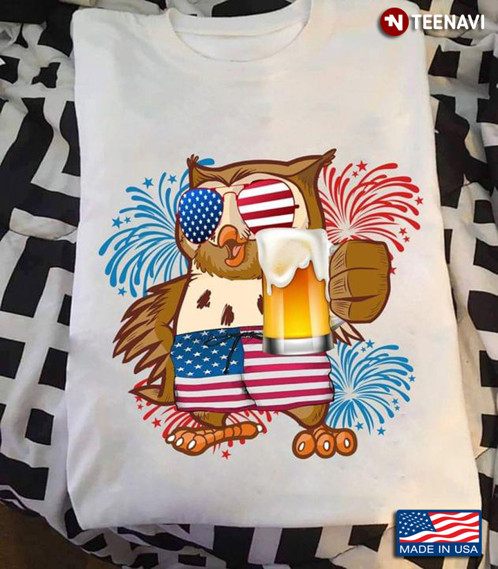 Owl Cheering Beer American Flag Happy Independence Day Adorable Design for Animal Lover