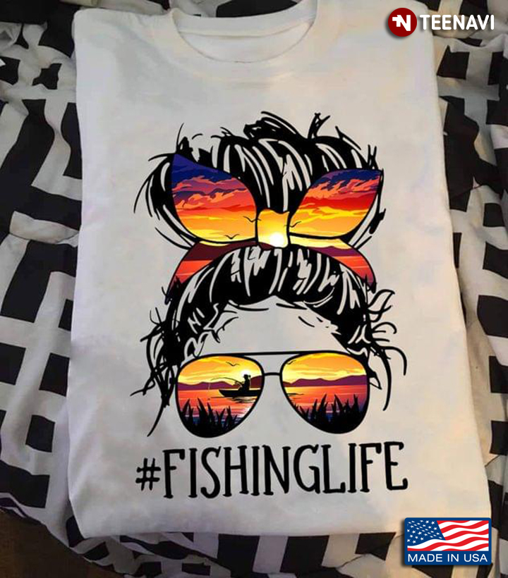 Fishing Life Pretty Girl with Sunset Headband and Sunglasses for Fishing Lover