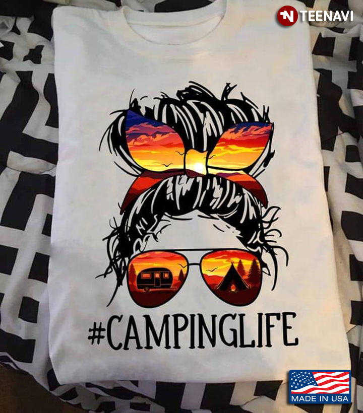 Camping Life Pretty Girl with Sunset Headband and Sunglasses for Camping Lover