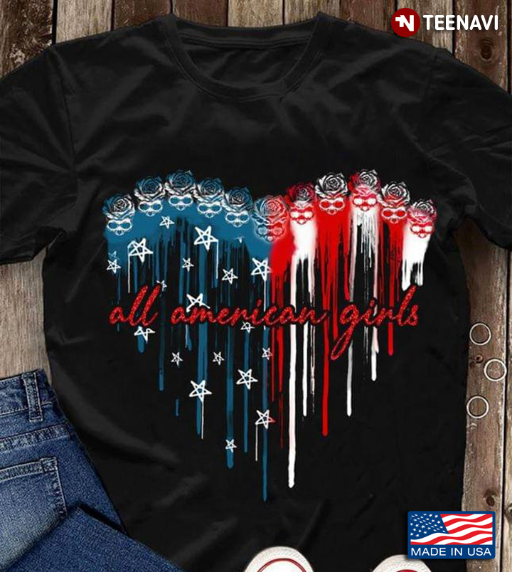 All American Girls Skulls Roses and USA Flag Dripping Paint Heart