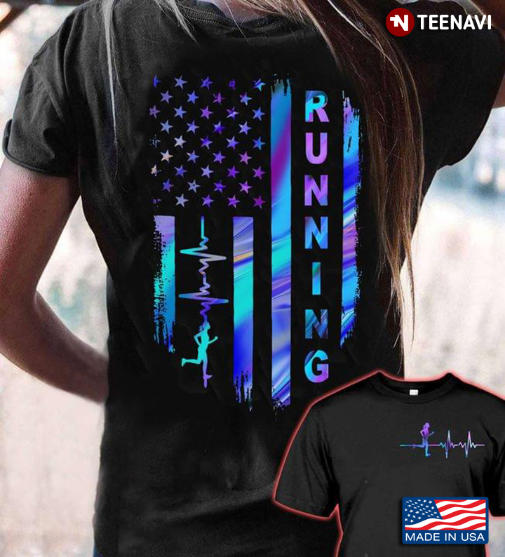 Running Heartbeat And American Flag On Neon Color For Running Lover