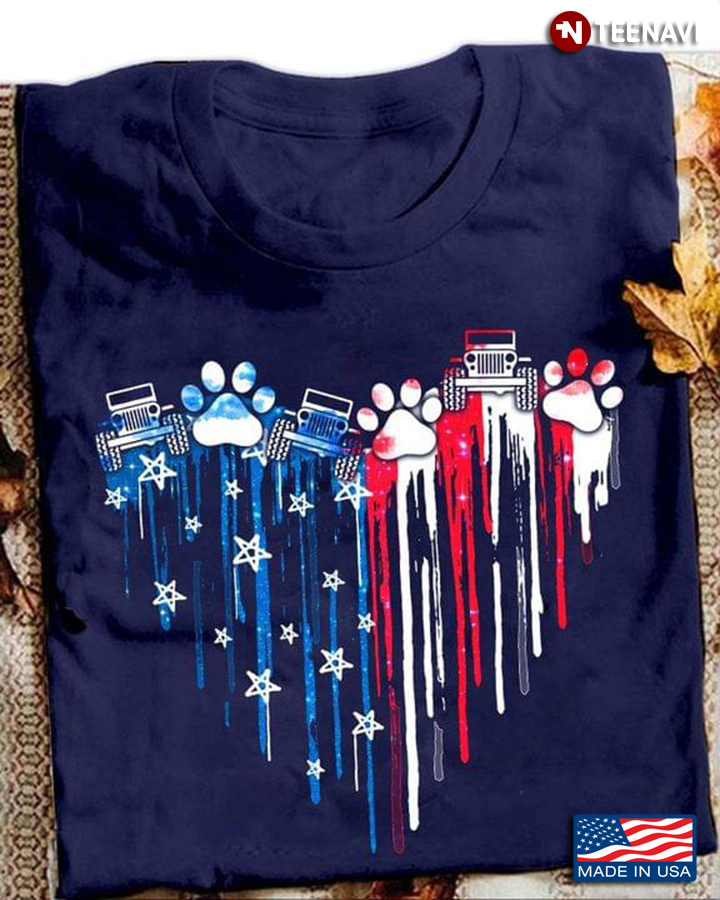 Jeeps and Dog Paws American Flag Heart Love for Patriotic Jeep and Dog Lover