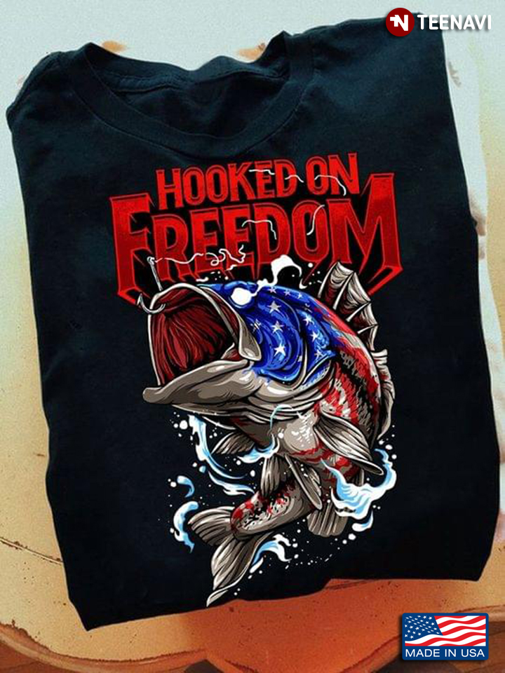 Hooked on Freedom Jumping Fish American Flag for Fishing Lover