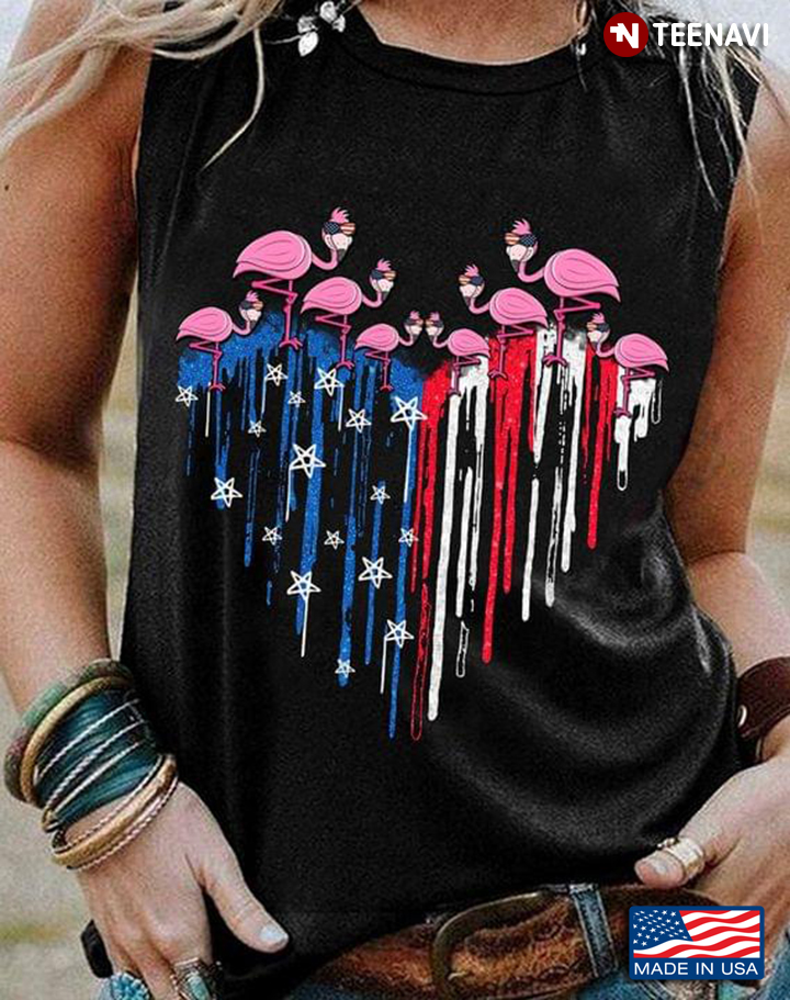 Pink Flamingos American Flag Heart for Animal Lover